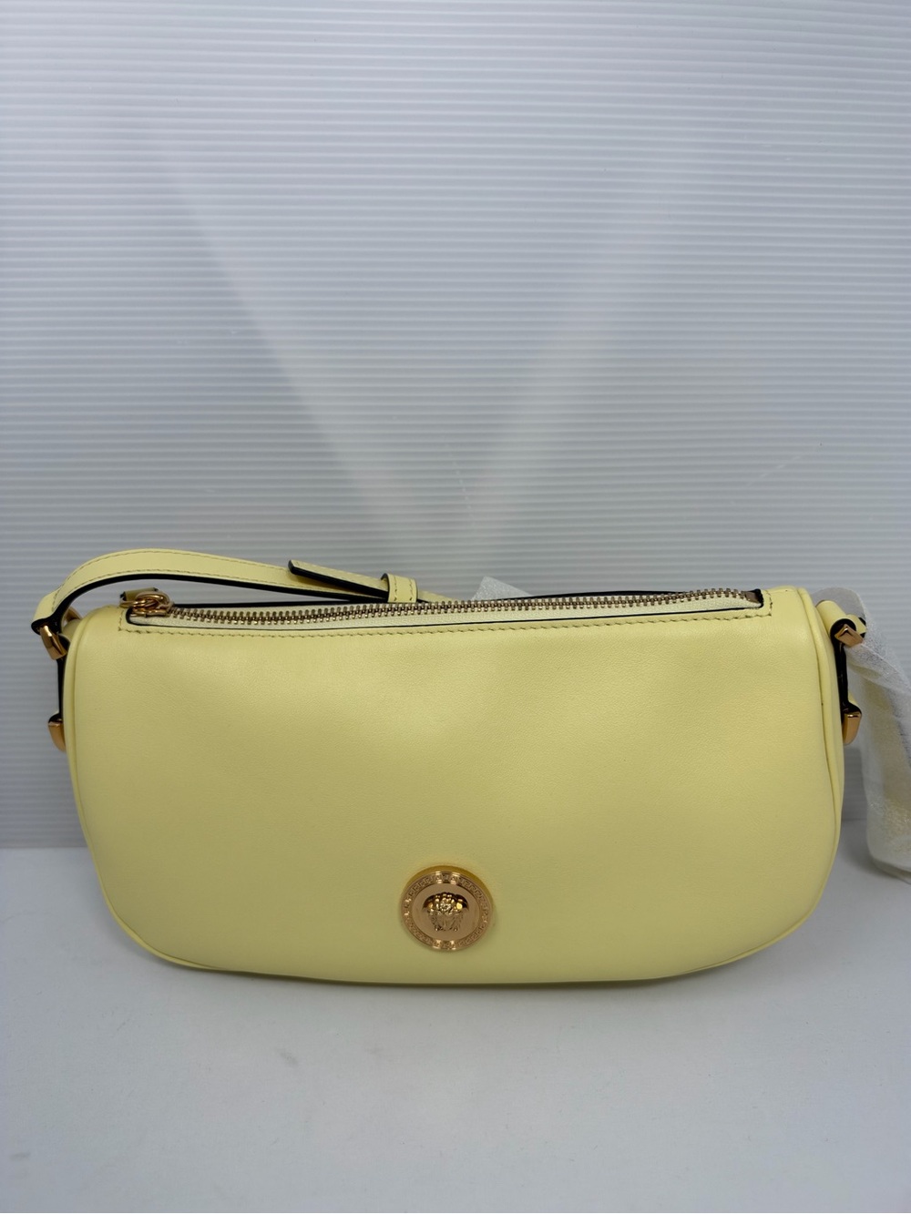 Versace Pale Yellow Leather Shoulder Bag with Gold Medallion